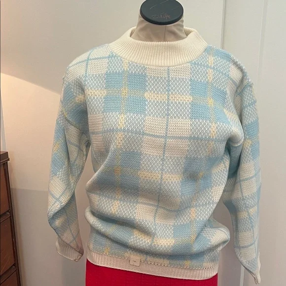 Vintage NOS Blue and White Plaid Sweater - Picture 1 of 8